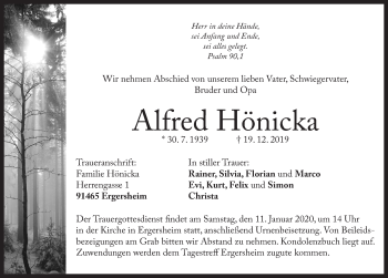 Traueranzeige von Alfred Hönicka von Neustadt/ Scheinfeld/ Uffenheim