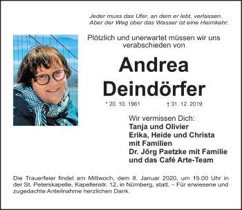 Traueranzeige von Andrea Deindörfer von Ansbach