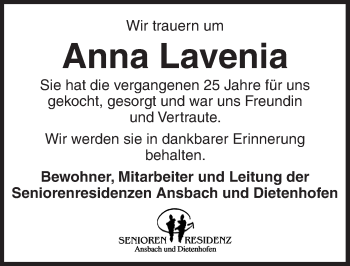 Traueranzeige von Anna Lavenia von Ansbach