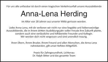 Traueranzeige von Anna-Lena Herding von Ansbach