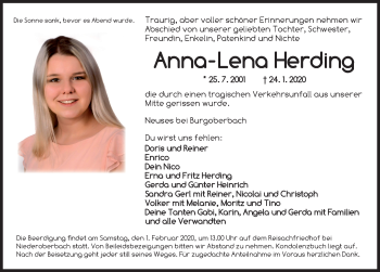 Traueranzeige von Anna-Lena Herding von Ansbach