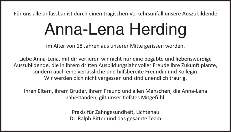  Traueranzeige für Anna-Lena Herding vom 31.01.2020 aus Ansbach