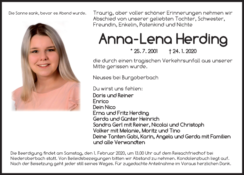  Traueranzeige für Anna-Lena Herding vom 30.01.2020 aus Ansbach