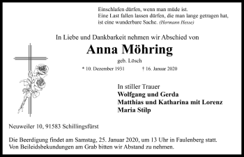 Traueranzeige von Anna Möhring von Rothenburg