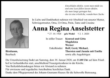 Traueranzeige von Anna Regina Anselstetter von Neustadt/ Scheinfeld/ Uffenheim