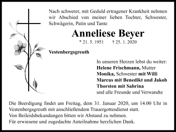 Traueranzeige von Anneliese Beyer von Neustadt/ Scheinfeld/ Uffenheim