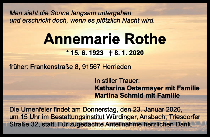  Traueranzeige für Annemarie Rothe vom 11.01.2020 aus Dinkelsbühl/ Feuchtwangen