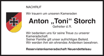 Traueranzeige von Anton Toni Storch von Ansbach