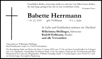 Traueranzeige von Babette Herrmann von Dinkelsbühl/ Feuchtwangen