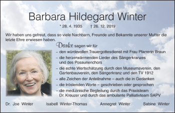 Traueranzeige von Barbara Hildegard Winter von Dinkelsbühl/ Feuchtwangen