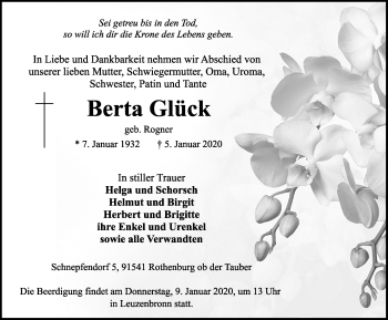 Traueranzeige von Berta Glück von Rothenburg (Fränkischer Anzeiger)