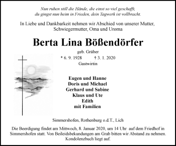 Traueranzeige von Berta Lina Bößendörfer von Neustadt/ Scheinfeld/ Uffenheim