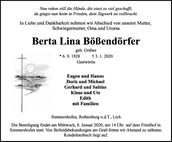 Traueranzeige von Berta Lina Bößendörfer von Rothenburg (Fränkischer Anzeiger)