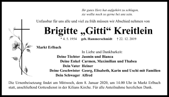 Traueranzeige von Brigitte Kreitlein von Neustadt/ Scheinfeld/ Uffenheim