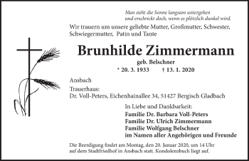 Traueranzeige von Brunhilde Zimmermann von Ansbach