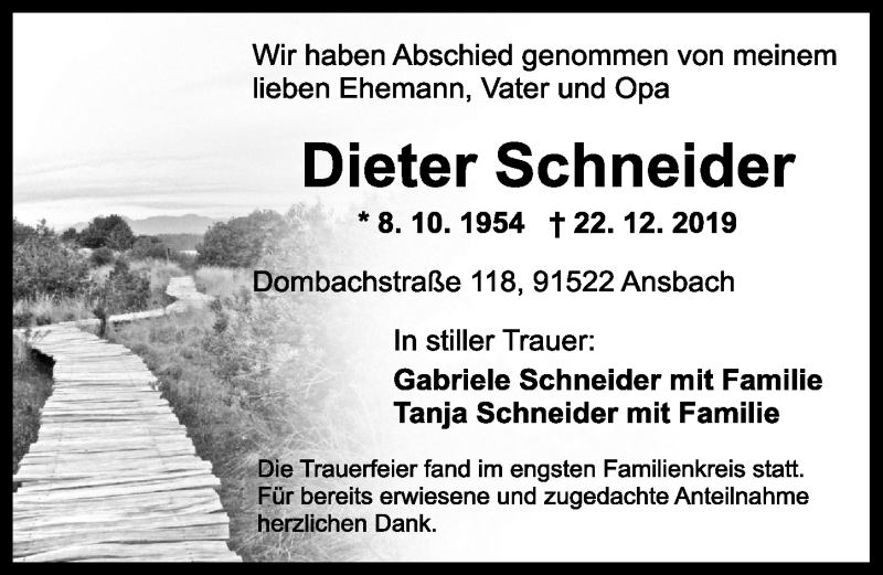  Traueranzeige für Dieter Schneider vom 16.01.2020 aus Ansbach
