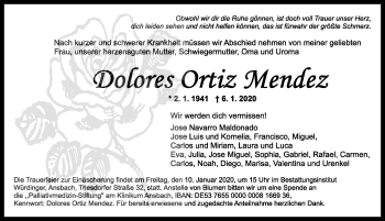 Traueranzeige von Dolores Ortiz Mendez von Ansbach