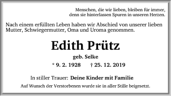 Traueranzeige von Edith Prütz von Ansbach