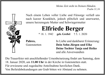 Traueranzeige von Elfriede Berger von Neustadt/ Scheinfeld/ Uffenheim