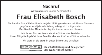 Traueranzeige von Elisabeth Bosch von Dinkelsbühl/ Feuchtwangen