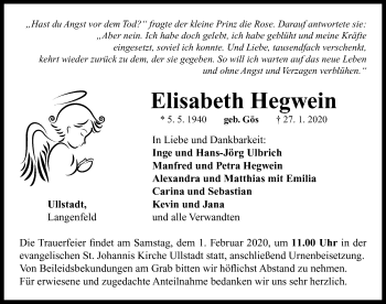 Traueranzeige von Elisabeth Hegwein von Neustadt/ Scheinfeld/ Uffenheim