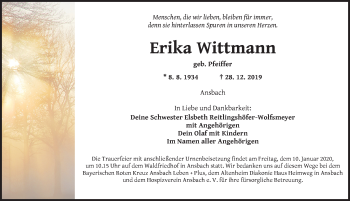 Traueranzeige von Erika Wittmann von Ansbach