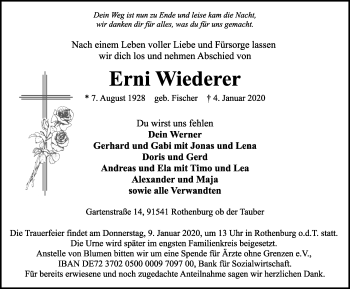 Traueranzeige von Erni Wiederer von Rothenburg (Fränkischer Anzeiger)