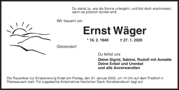 Traueranzeige von Ernst Wäger von Ansbach