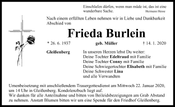 Traueranzeige von Frieda Burlein von Neustadt/ Scheinfeld/ Uffenheim