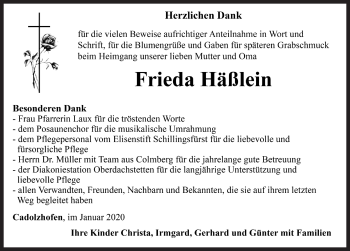 Traueranzeige von Frieda Häßlein von Rothenburg