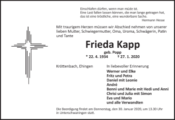 Traueranzeige von Frieda Kapp von Dinkelsbühl/ Feuchtwangen