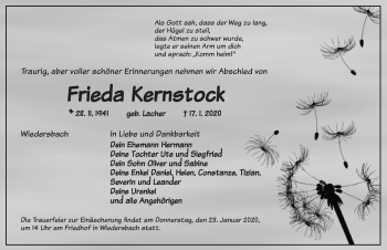 Traueranzeige von Frieda Kernstock von Ansbach