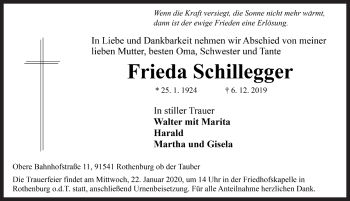 Traueranzeige von Frieda Schillegger von Rothenburg