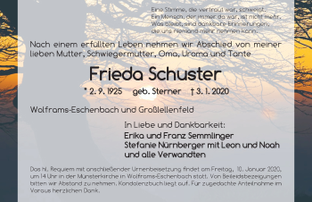 Traueranzeige von Frieda Schuster von Ansbach