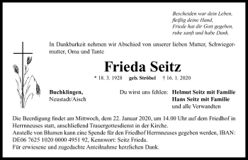 Traueranzeige von Frieda Seitz von Neustadt/ Scheinfeld/ Uffenheim