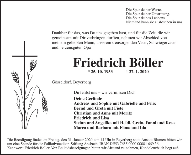  Traueranzeige für Friedrich Böller vom 29.01.2020 aus Ansbach