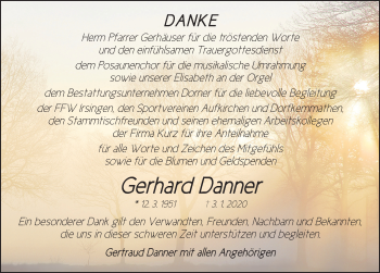 Traueranzeige von Gerhard Danner von Dinkelsbühl/ Feuchtwangen