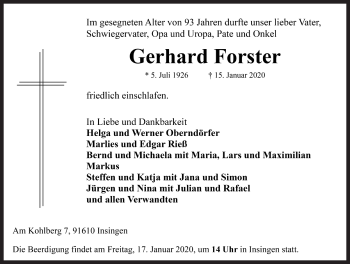 Traueranzeige von Gerhard Forster von Rothenburg
