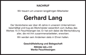 Traueranzeige von Gerhard Lang von Dinkelsbühl/ Feuchtwangen