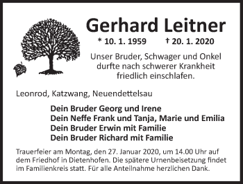 Traueranzeige von Gerhard Leitner von Ansbach