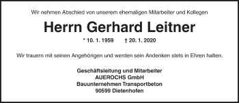 Traueranzeige von Gerhard Leitner von Ansbach