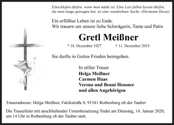 Traueranzeige von Gretl Meißner von Rothenburg