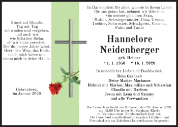 Traueranzeige von Hannelore Neidenberger von Dinkelsbühl/ Feuchtwangen