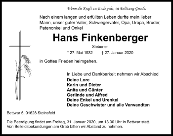 Traueranzeige von Hans Finkenberger von Rothenburg