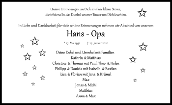 Traueranzeige von Hans Finkenberger von Rothenburg