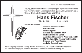 Traueranzeige von Hans Fischer von Ansbach