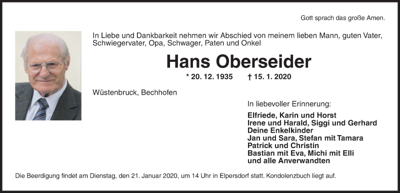  Traueranzeige für Hans Oberseider vom 20.01.2020 aus Dinkelsbühl/ Feuchtwangen