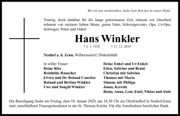 Traueranzeige von Hans Winkler von Neustadt/ Scheinfeld/ Uffenheim