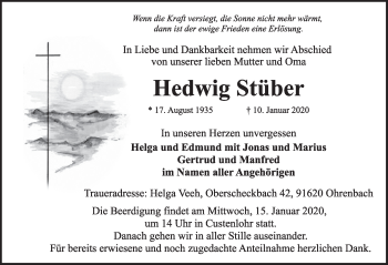 Traueranzeige von Hedwig Stüber von Neustadt/ Scheinfeld/ Uffenheim