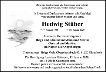 Traueranzeige von Hedwig Stüber von Rothenburg (Fränkischer Anzeiger)